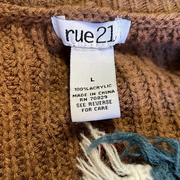 Rue 21 Cropped Color Block Sweater Frayed Edges Size Large Teal Brown Cream - Picture 3 of 4